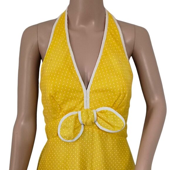 Vtg Maxi Dress Sz XS/S Hostess Halter Yellow White Polka Dot Sheer Overlay 70s - Picture 4 of 16